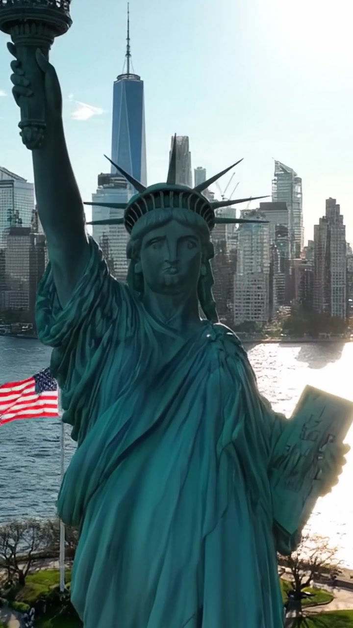 Una vista maestosa della Statua della Libertà contro lo skyline, che celebra la libertà e la forza nello splendore urbano, con la luce del sole che si riflette sull'acqua.