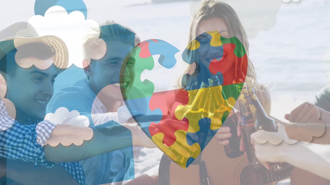 animación de coloridas piezas de rompecabezas corazón sobre amigos felices bebiendo cerveza en la fiesta de playa de verano