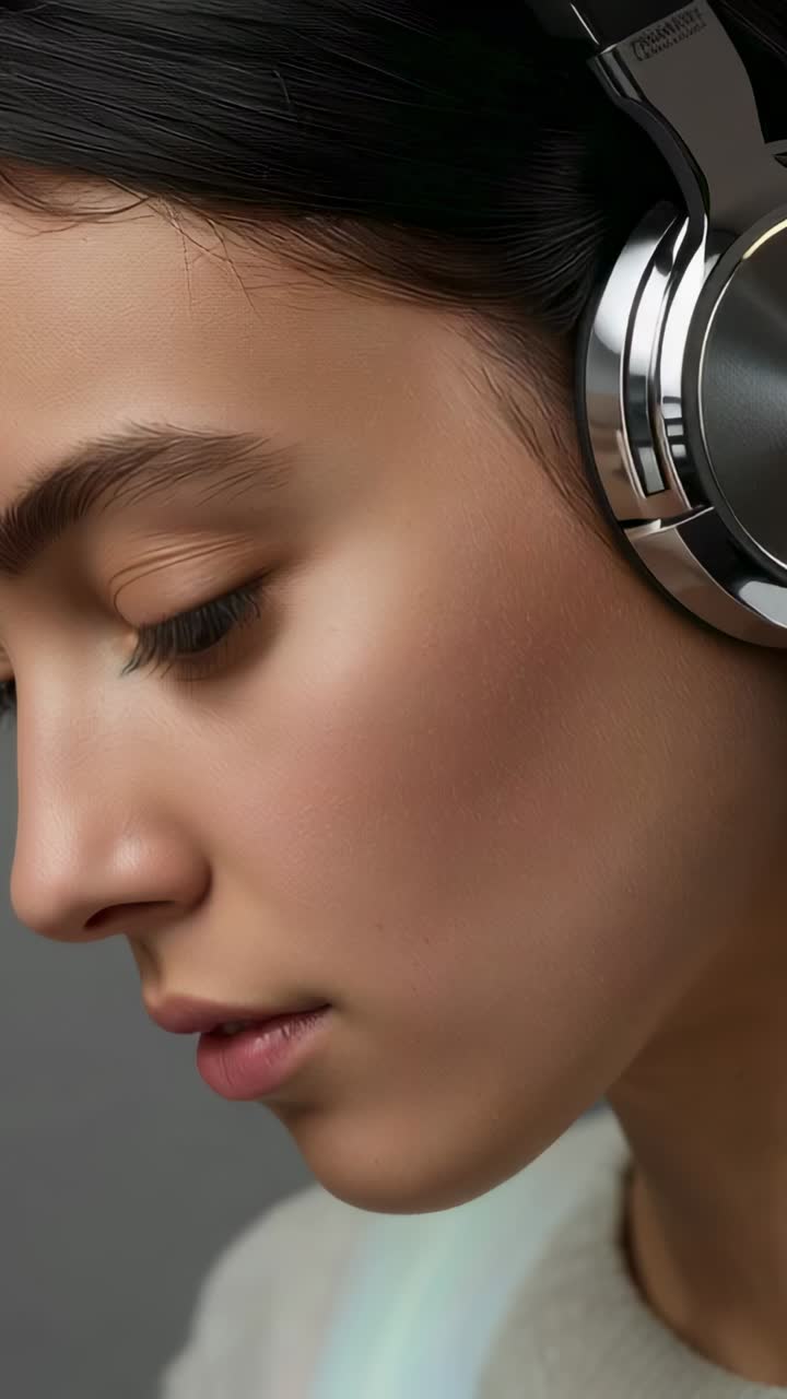 Vertical video: Music starting, woman opening eyes smiling in studio with headphones and light top