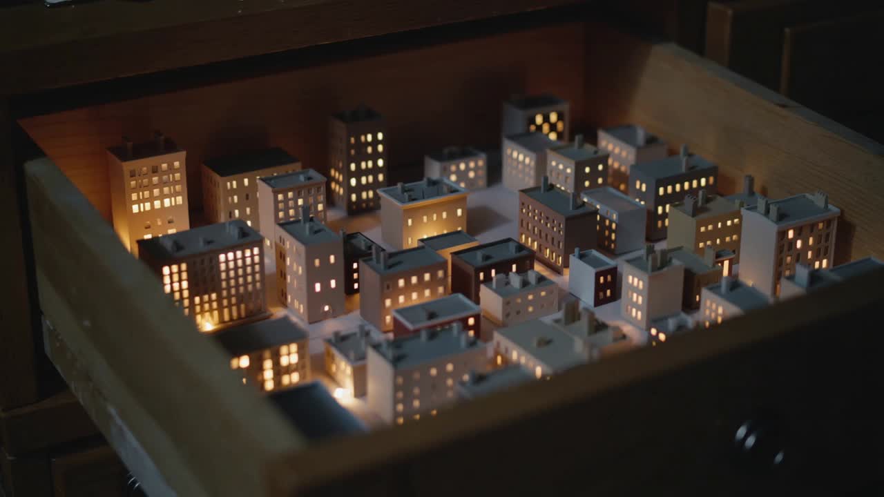 Moving camera revealing detailed mid and far rows of lit miniature city inside shallow wooden box