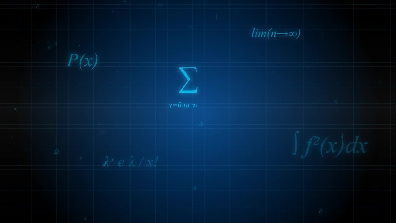 Floating Mathematical Formulas and Symbols on a Blue Grid Background