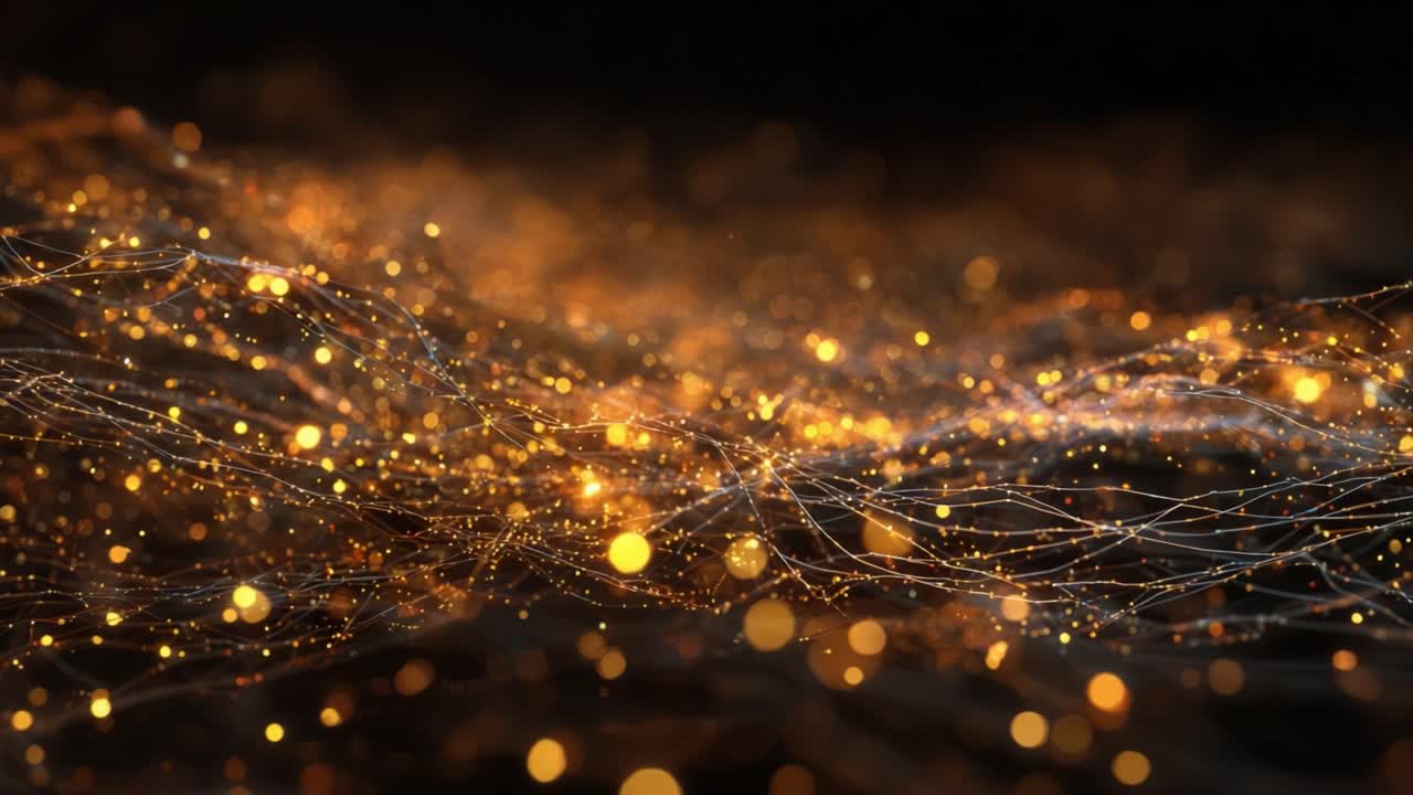 Abstract background featuring a mesmerizing wave of interconnected glowing golden particles and shimmering lines flowing gracefully against a dark backdrop, creating a luxurious and magical effect