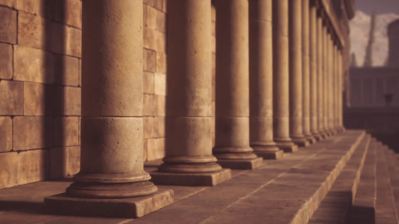 Classic architectural columns lined along a stone structure in warm sunlight