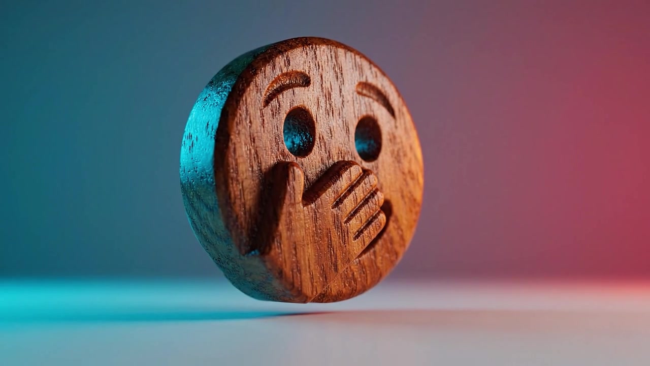 Un'emoji in legno intagliato che raffigura un volto che si copre la bocca, a simboleggiare silenzio o sorpresa, ambientata su uno sfondo delicatamente illuminato di tonalità blu e rosa.