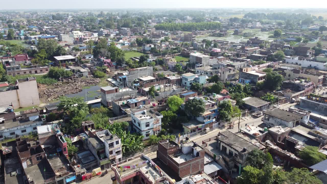 A low level aerial flight over the city of Nepalgunj in the western region of Nepal in the evening light