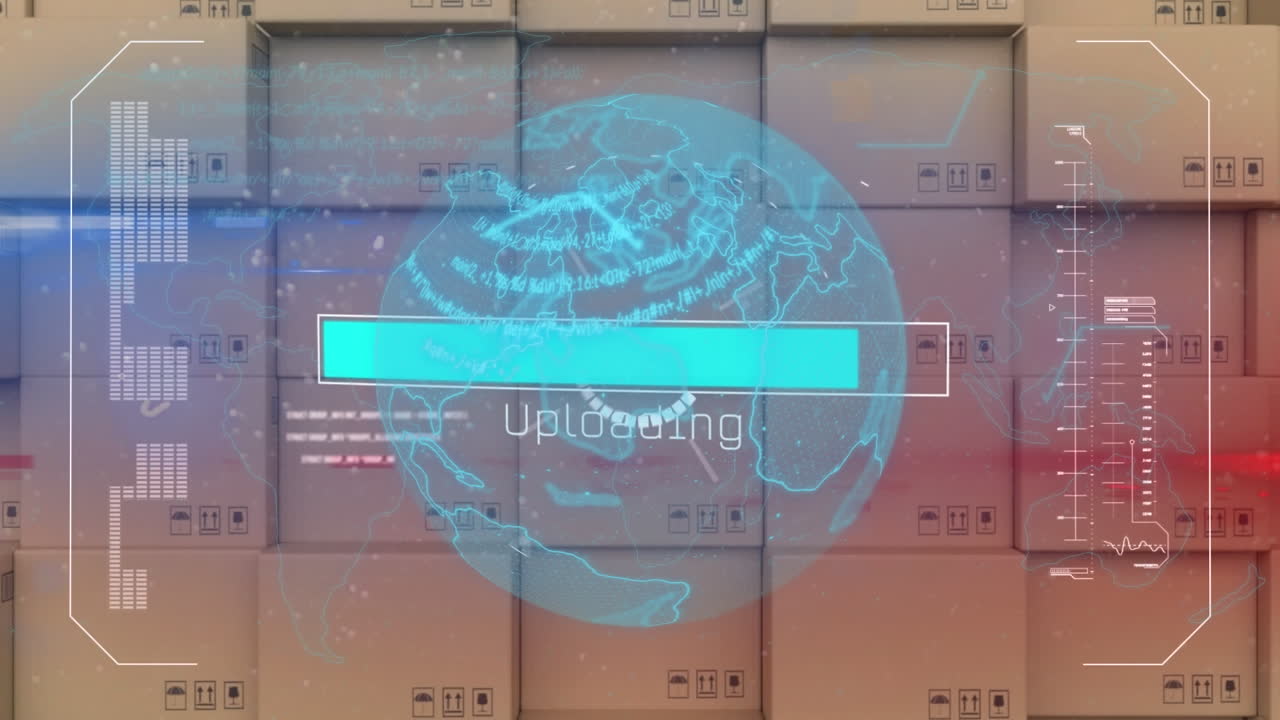 디지털 인터페이스와 데이터 처리가 회전하는 지구를 통해 카드보드 상자 스택에 대항