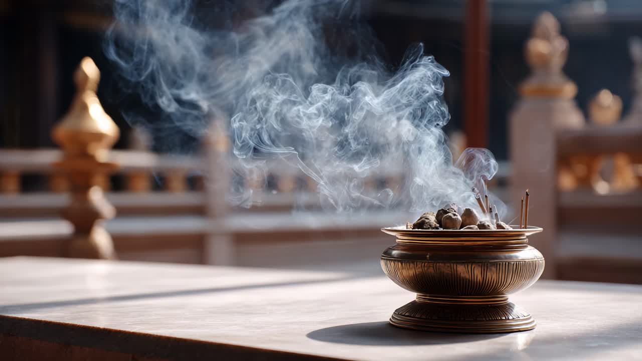 A serene moment captured with incense smoke gently rising from a beautifully crafted holder, creating a peaceful and calming atmosphere in a sacred setting
