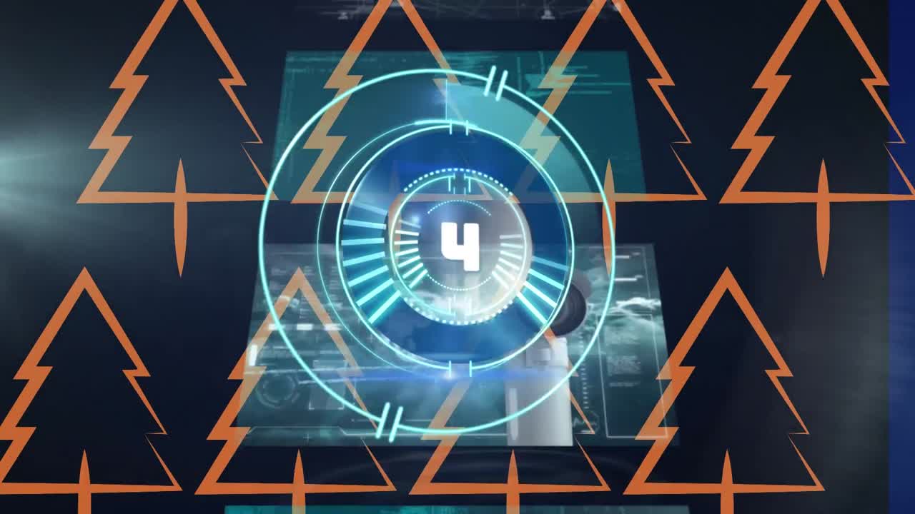 animación del escaneo del alcance sobre el procesamiento de datos e iconos de árboles sobre fondo negro