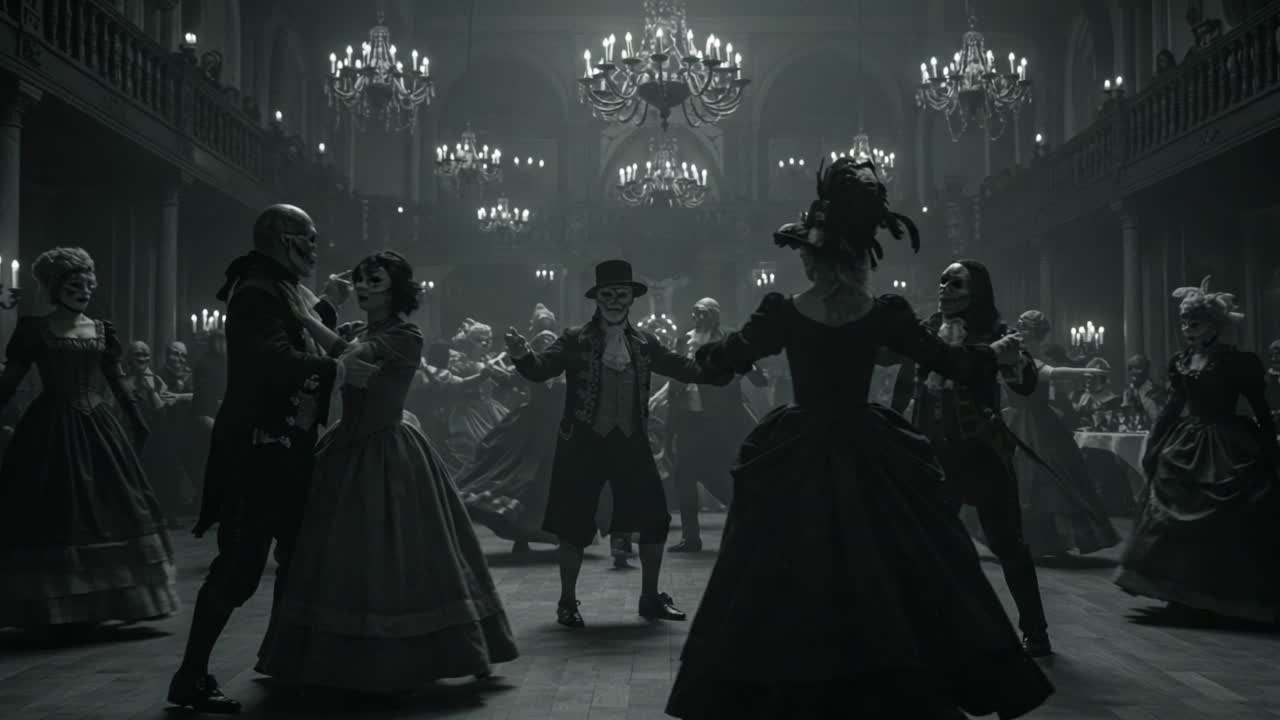 A Mysterious Dance Party: Gothic Attire and Enigmatic Characters Captured in a Dimly Lit Ballroom Filled with Elegance and Intrigue