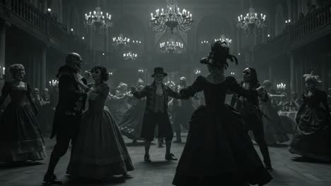 a mysterious dance party: gothic attire and enigmatic characters captured in a dimly lit ballroom filled with elegance and intrigue