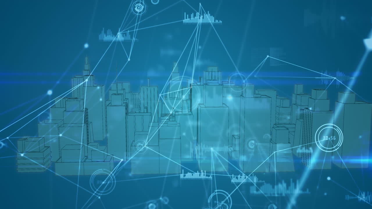 파란색 배경에 도시에 대한 연결 네트워크와 데이터 처리의 애니메이션