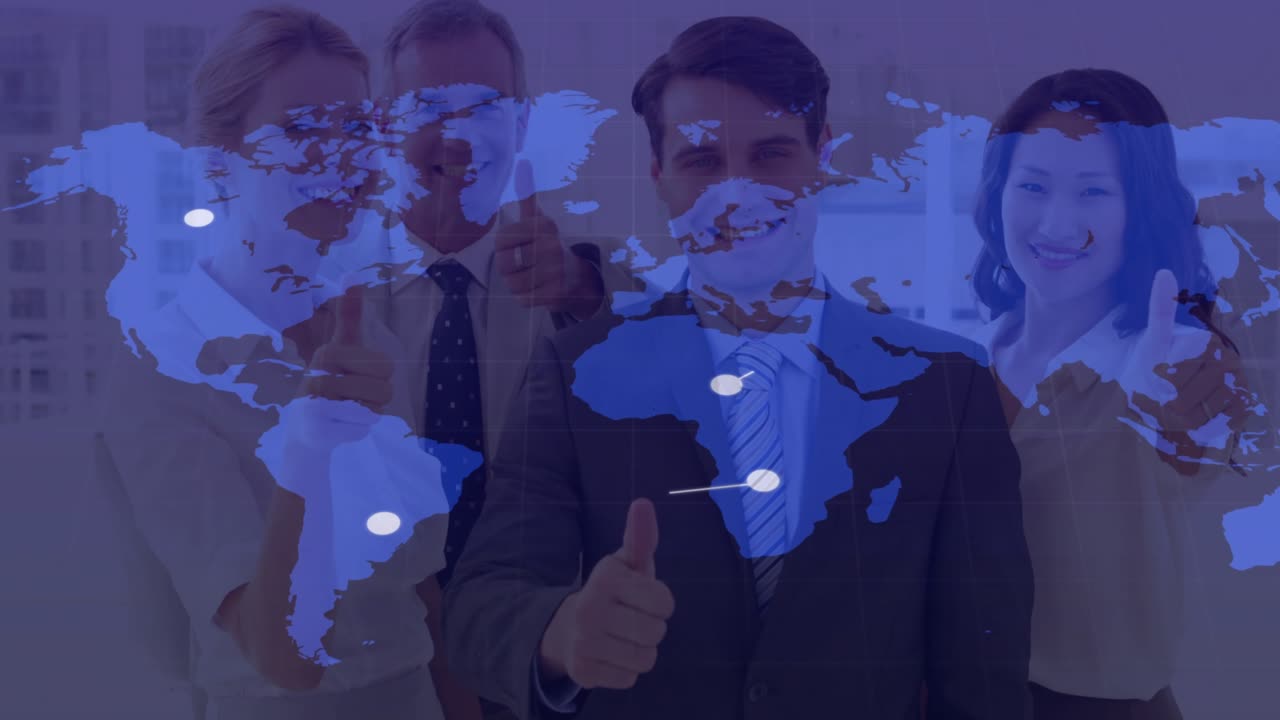 Business team showing thumbs-up as map overlay fading, nodes linking continents for connectivity