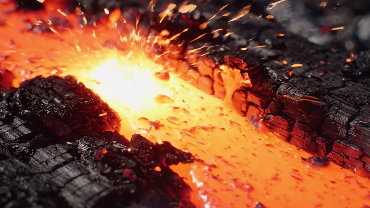 Un intenso flusso di lava brilla intensamente tra il legno carbonizzato, creando una straordinaria immagine delle potenti forze della natura e delle conseguenze di un incendio