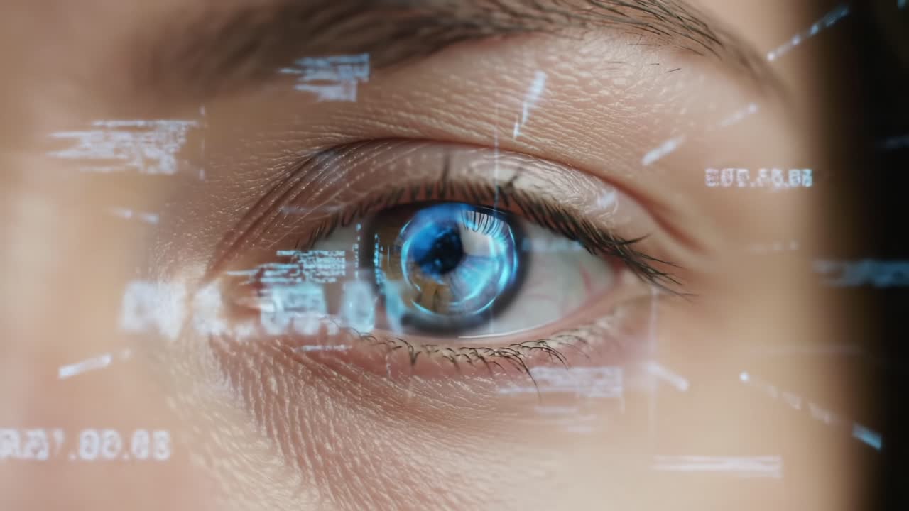 Futuristic Eye Close-Up with Digital Interfaces: Exploring the Intersection of Human Perception and Technology through High-Tech Visuals and Augmented Reality Elements