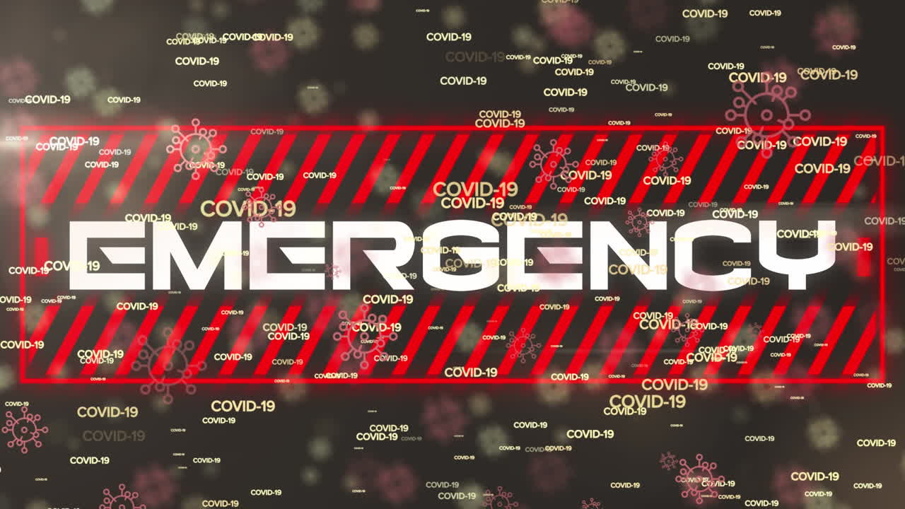 검은색 배경의 경고 표지판 위에 떨어지는 여러 코로나19 텍스트의 애니메이션