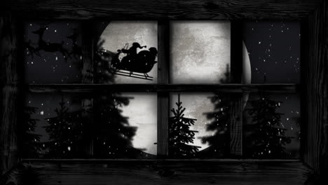 digital animation of window frame against snow falling over silhouette of santa claus