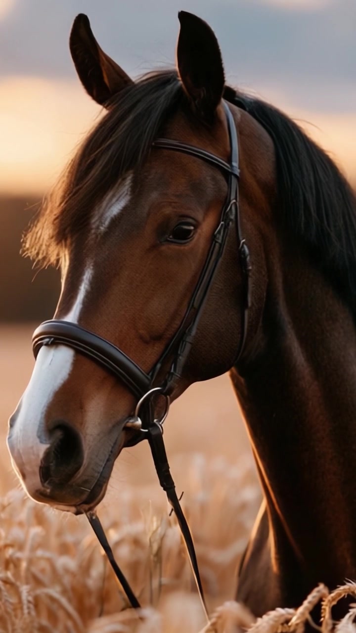 Un cavallo maestoso guarda intensamente la fotocamera contro un bellissimo tramonto in un campo di grano dorato, catturando la serenità e la grazia della natura