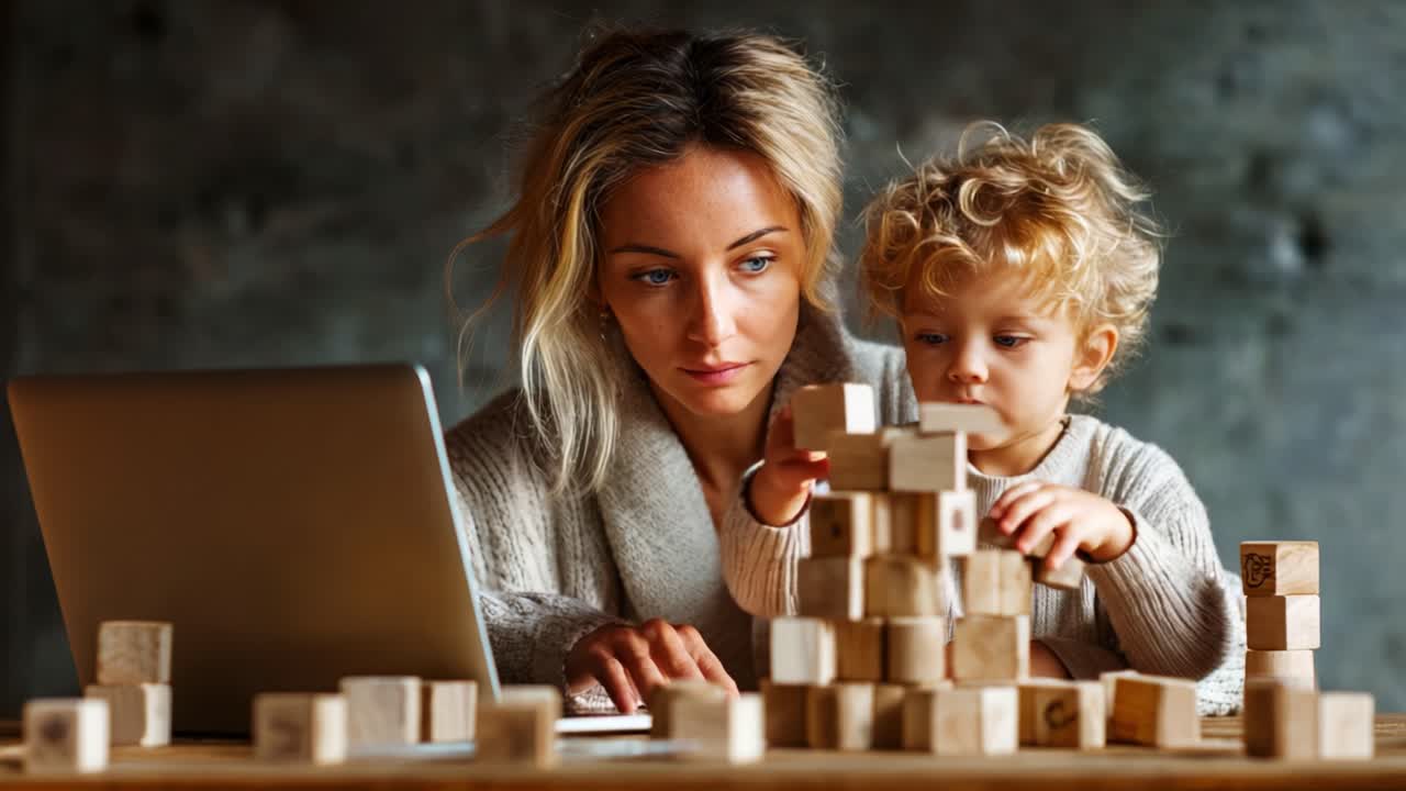 A mother and her young child engaged in a creative playtime activity at home, focusing on building with wooden blocks while enjoying connecting through technology