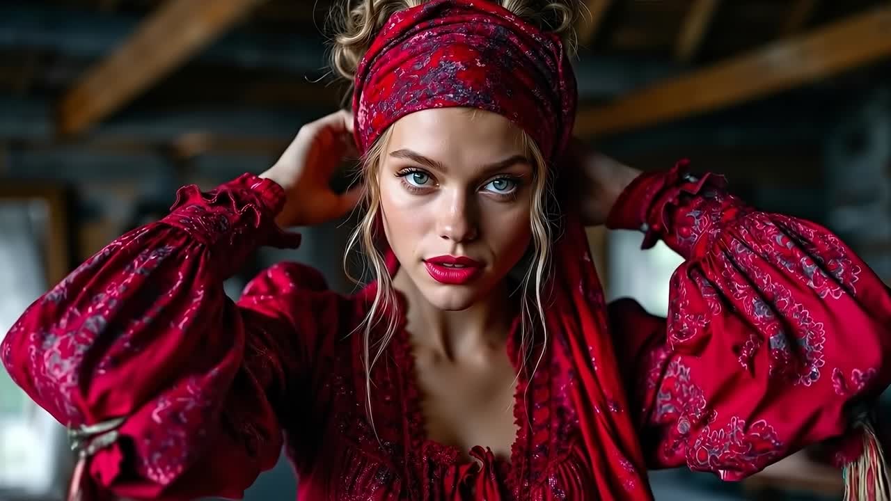 빨간 드레스를 입고 머리에 빨간 밴다나를 입은 여자