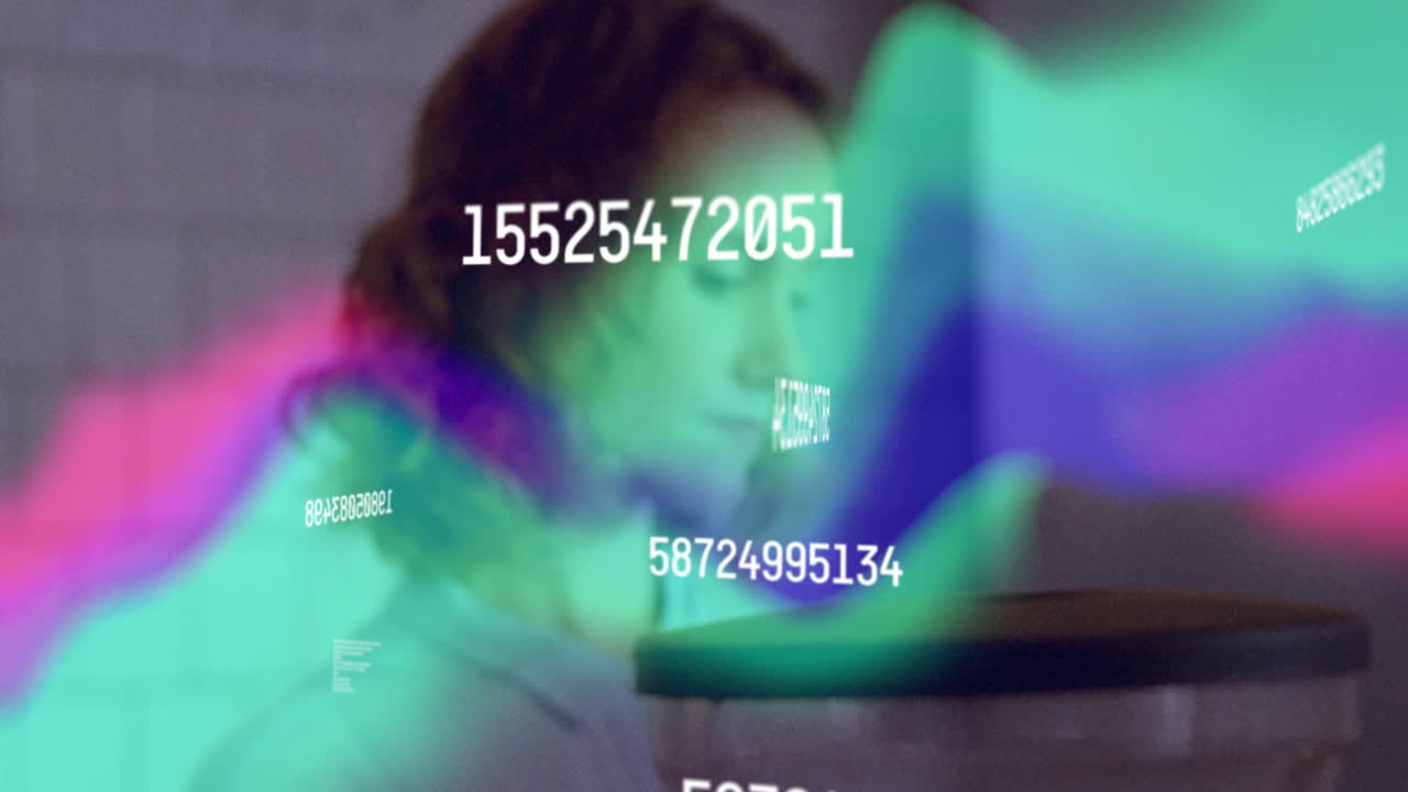 woman data analyst examining data overlays in lab, with floating numeric strings, teal waveforms