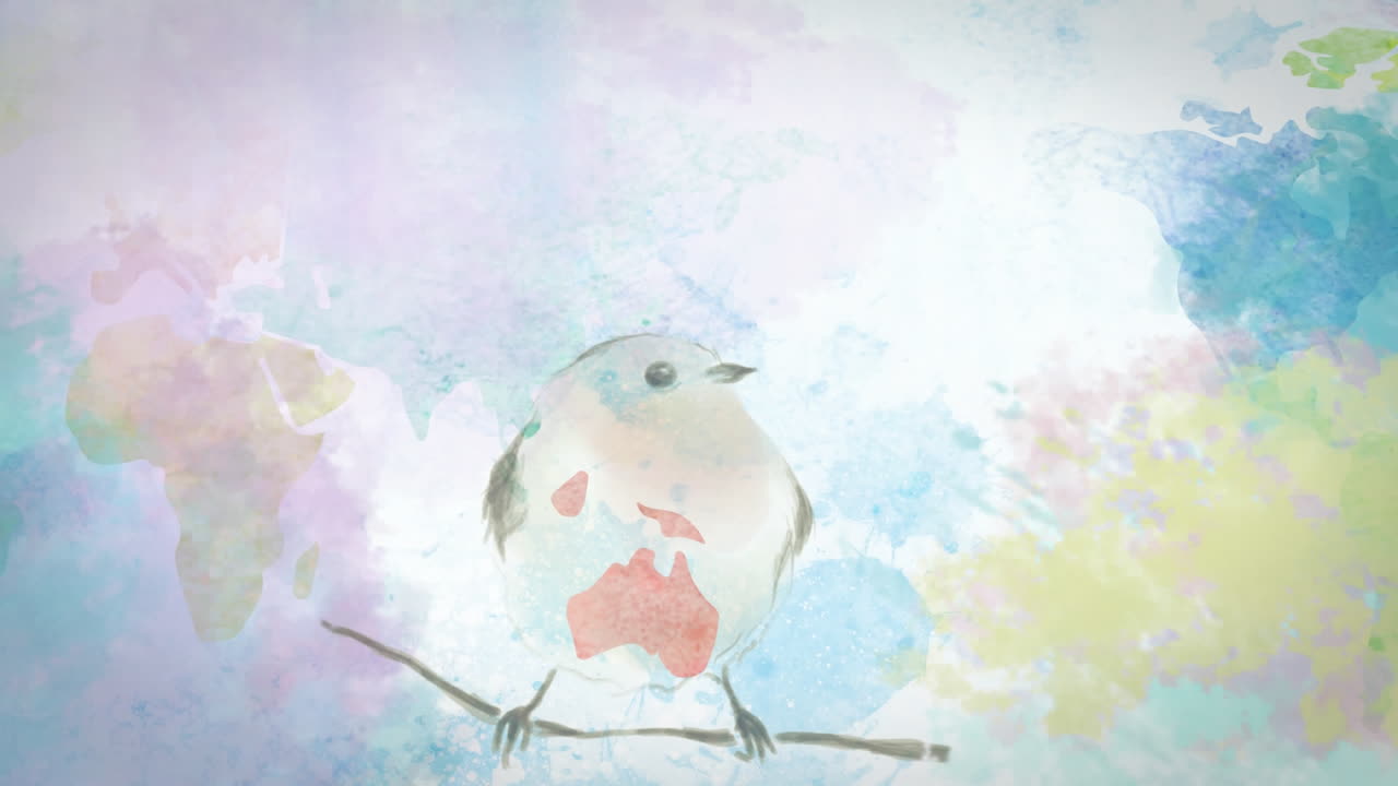 世界地図の上の枝に座った鳥のアニメーション