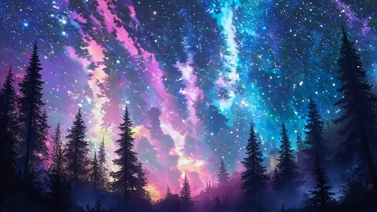 A beautiful purple sky with a few trees in the background. The sky is filled with stars and clouds