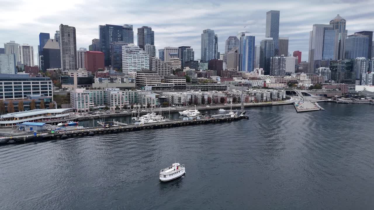 drone flight over Seattle city downtown skyline, showcasingmodern architecture in cinematic aerial view cityscape smart city American skyline