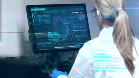 Animación-De-Fórmula-Química-Y-Procesamiento-De-Datos-Sobre-Una-Científica-Caucásica-En-El-Laboratorio