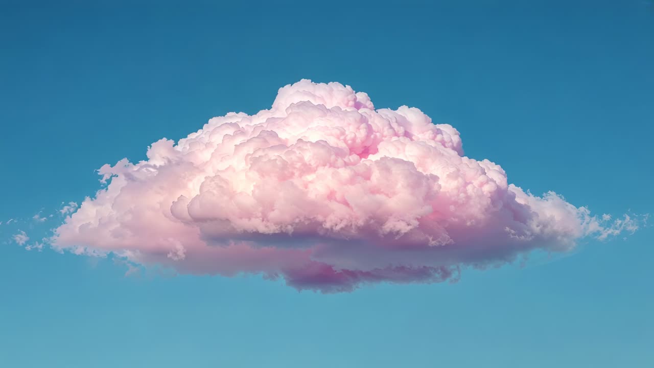 Camera zooming near large pink cumulus cloud in deep blue sky, revealing textured folds for study