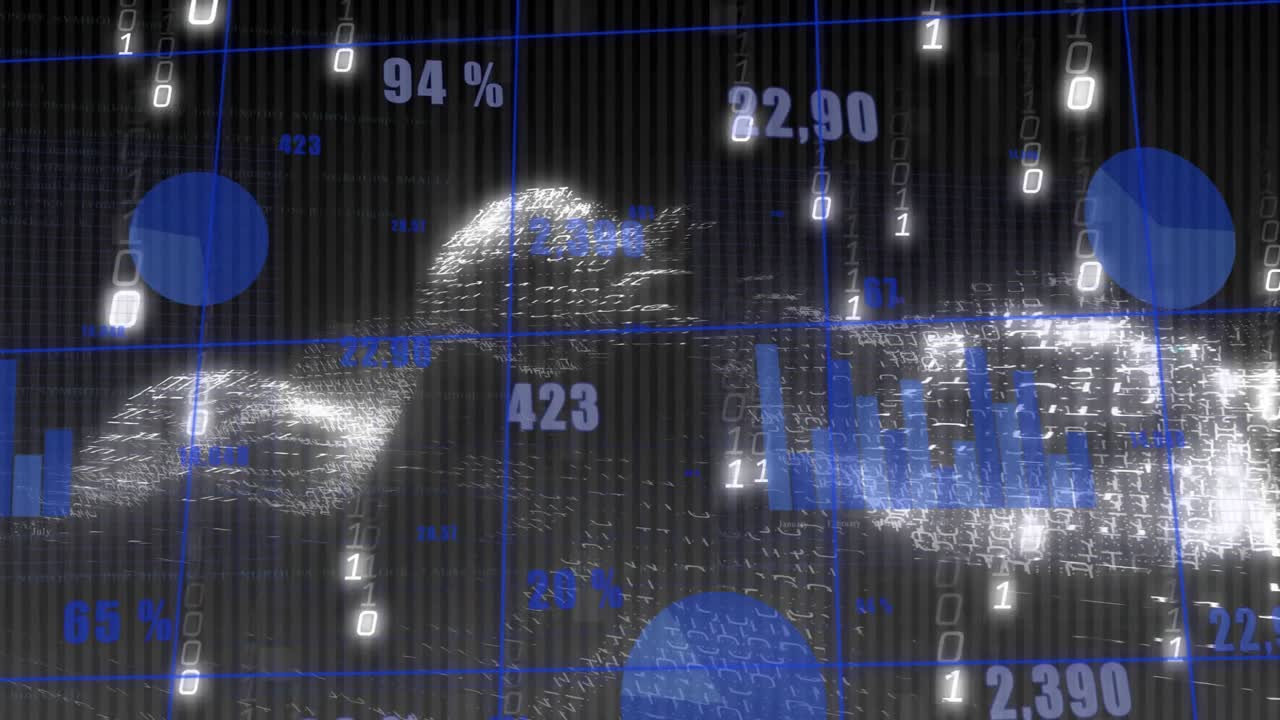 Binary streams cascading initiating dashboard animating bars, pie shifting, 3D surface rising