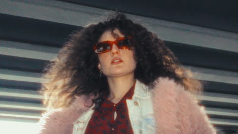 confident woman in trendy outfit dancing under urban overpass