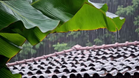 rain falling on banana leaves with water dripping onto a tiled roof