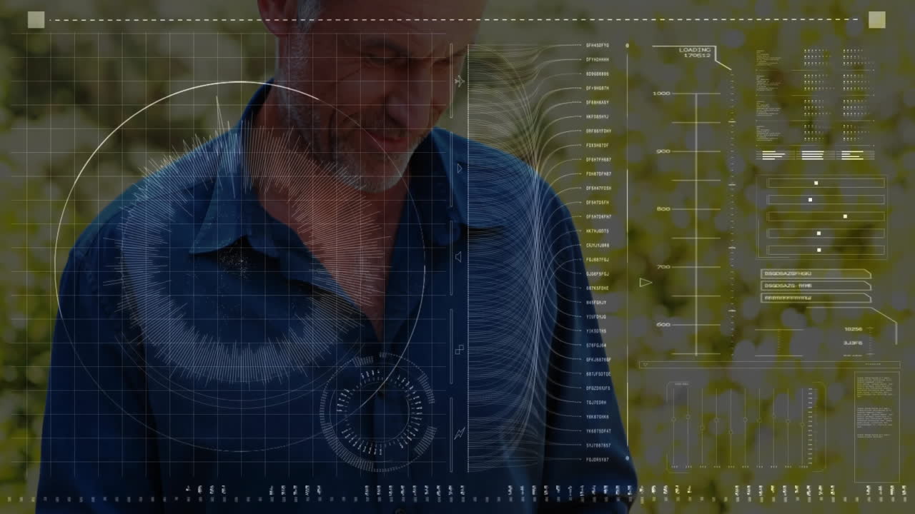 Man standing outdoors analyzing tech HUD data with radial grids, bar charts, alphanumeric codes