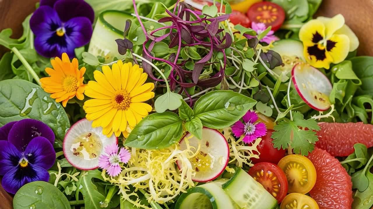 Vibrant and Colorful Salad Garnished with Edible Flowers, Fresh Greens, and Assorted Vegetables for a Nutritious and Aesthetic Meal