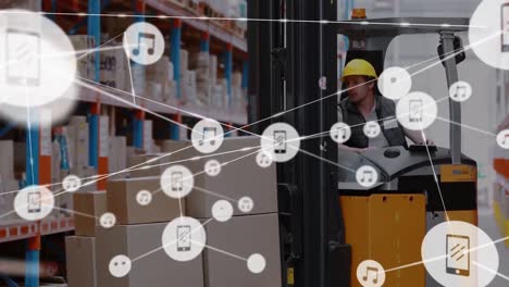 animation of network of digital icons over caucasian male worker operating forklift at warehouse