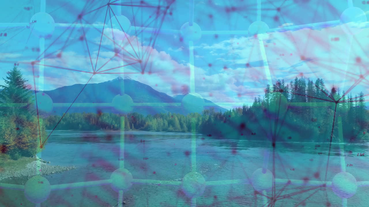 Mountain river flowing under digital network overlay, reflecting sky and glowing cyan nodes