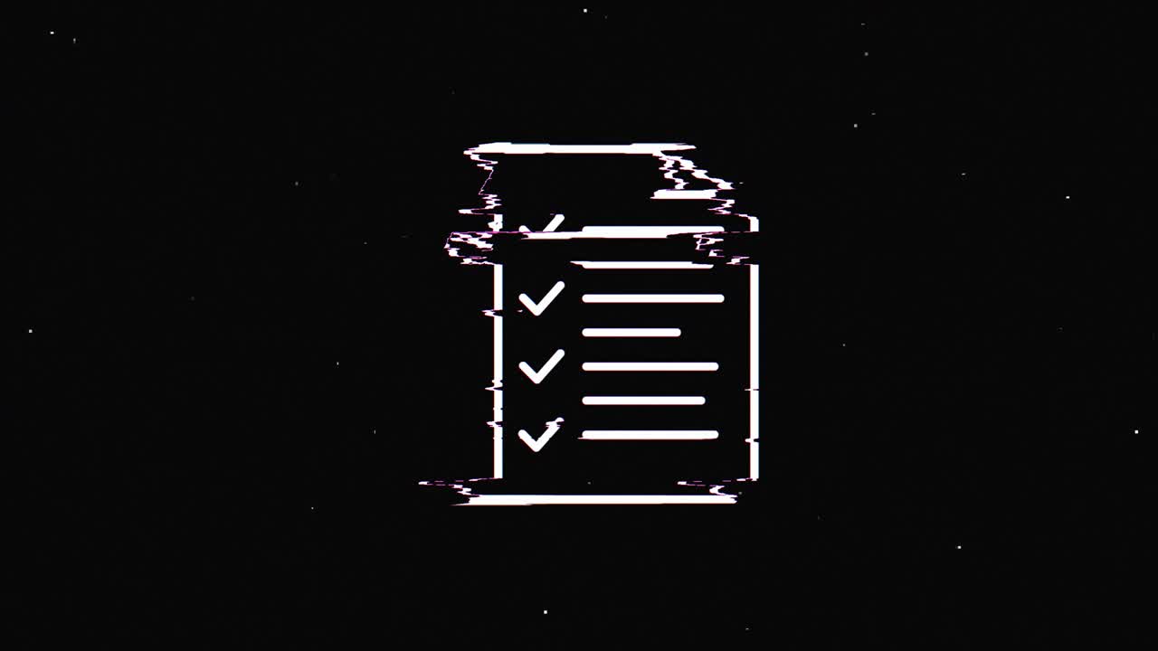 Line clipboard check mark hud holographic symbol on digital old tv screen seamless loop glitch animation. Hearts. Dynamic retro and joyful. Colorful and vintage video footage.