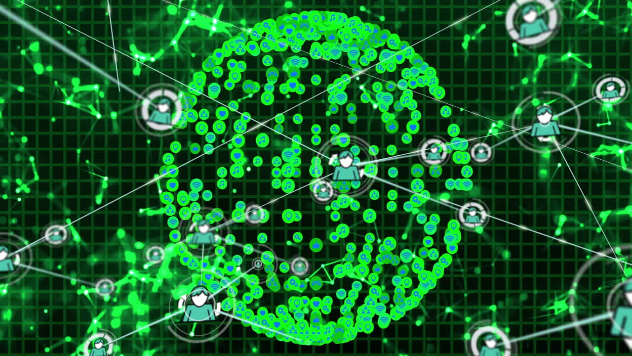 Network of connected nodes and data processing animation over green digital grid