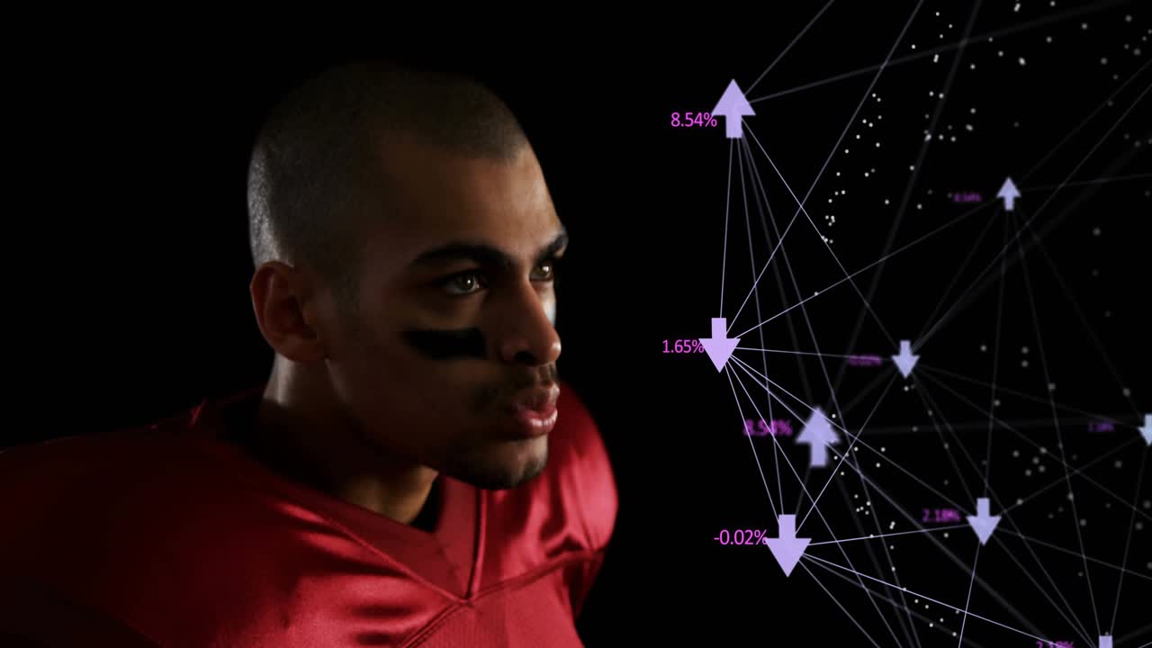 Player holding football lowering head and driving network percentage arrows for sports analysis