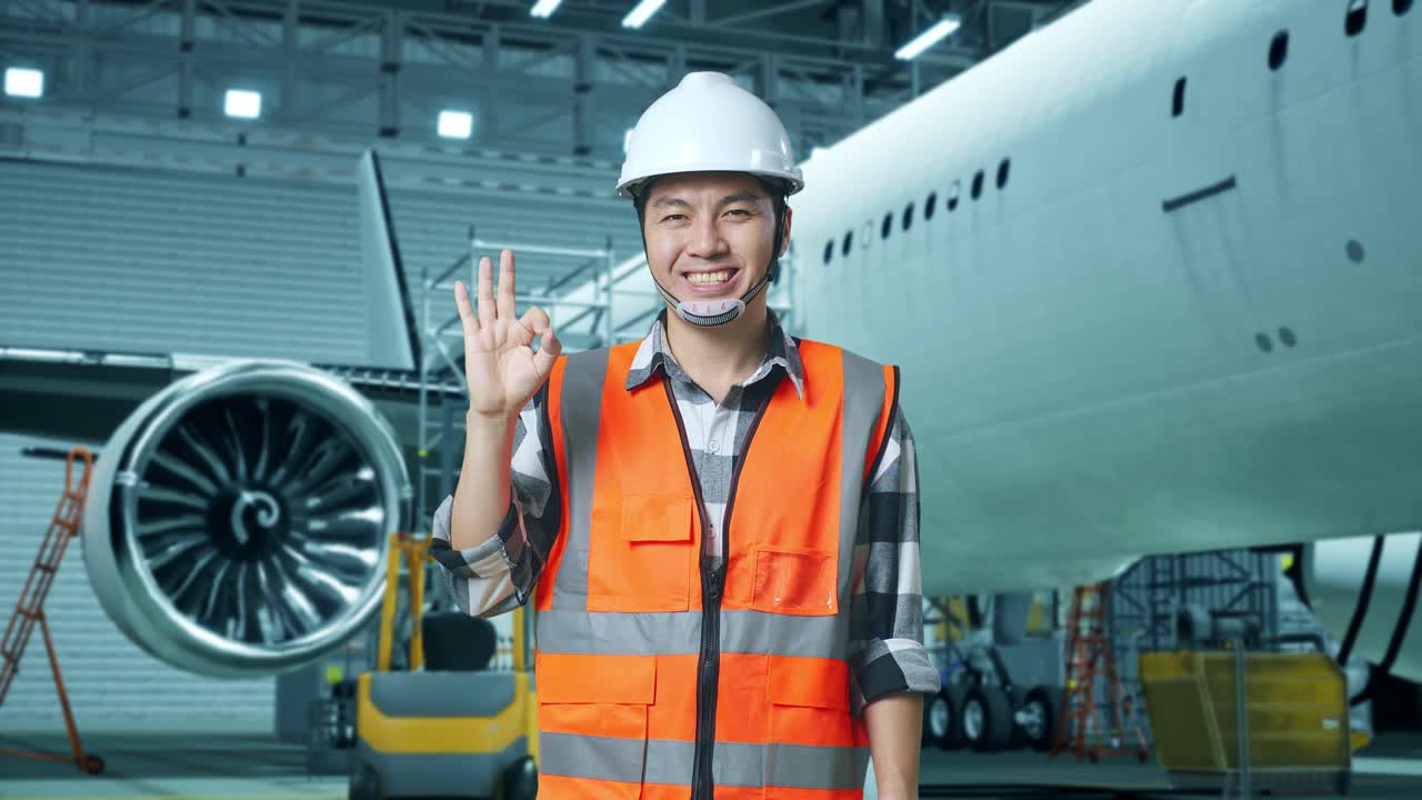 안전 헬을 입은 아시아 남성 엔지니어가 거에 있는 항공기와 함께 서서 카메라를 향해 미소 짓고 항공기 유지보수를 하는 동안 은 몸짓을 보여준다.