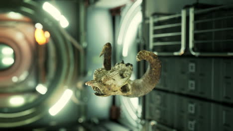 ancient animal skull in a futuristic laboratory