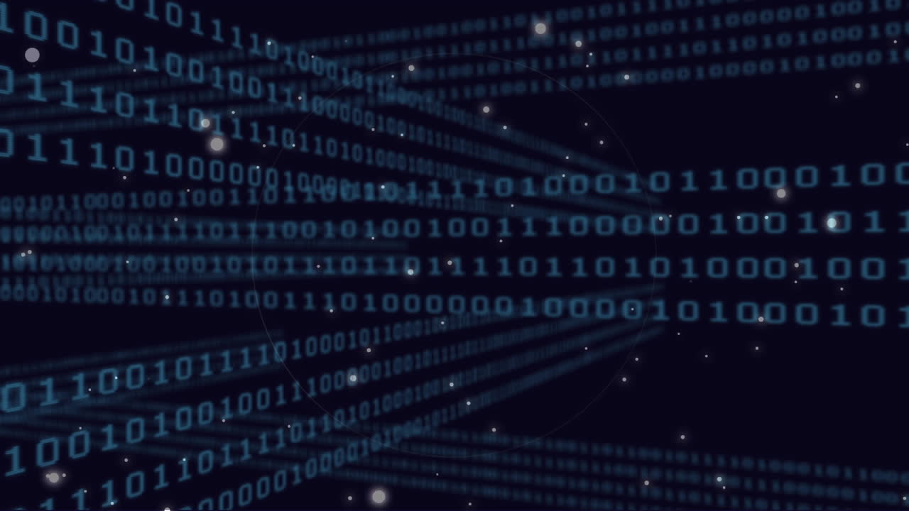 Animation of scope scanning and binary coding data processing over dark background