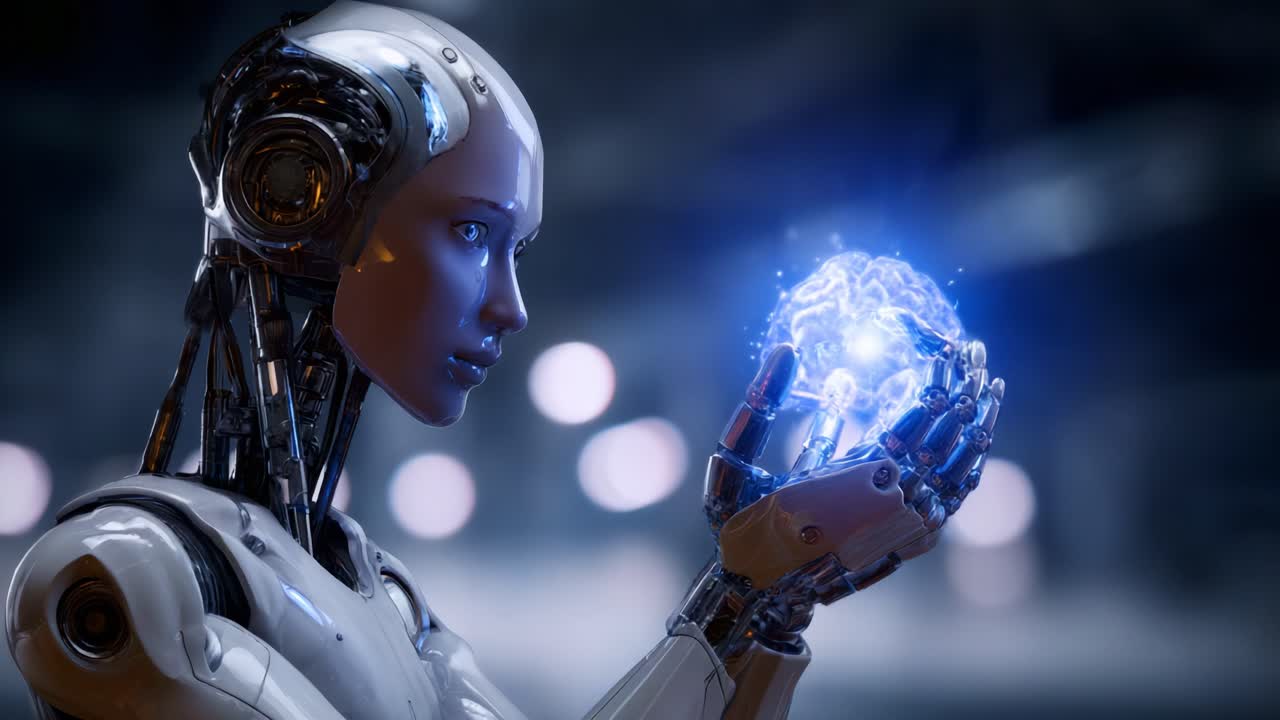 Robot futuristico che tiene in mano una sfera luminosa: esplorando l'interazione tra tecnologia e immaginazione in un affascinante mondo digitale di innovazione e scoperta