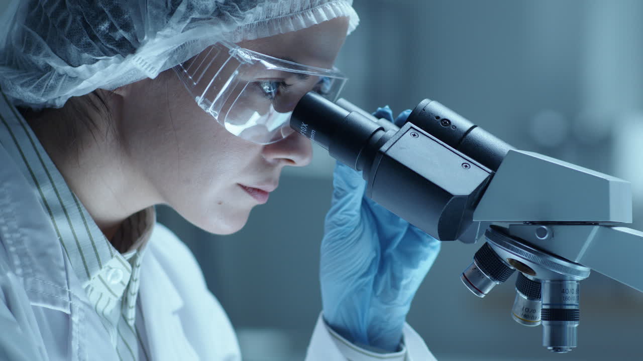 Female Scientist Placing Glass Slide under Microscope and Performing Lab Test