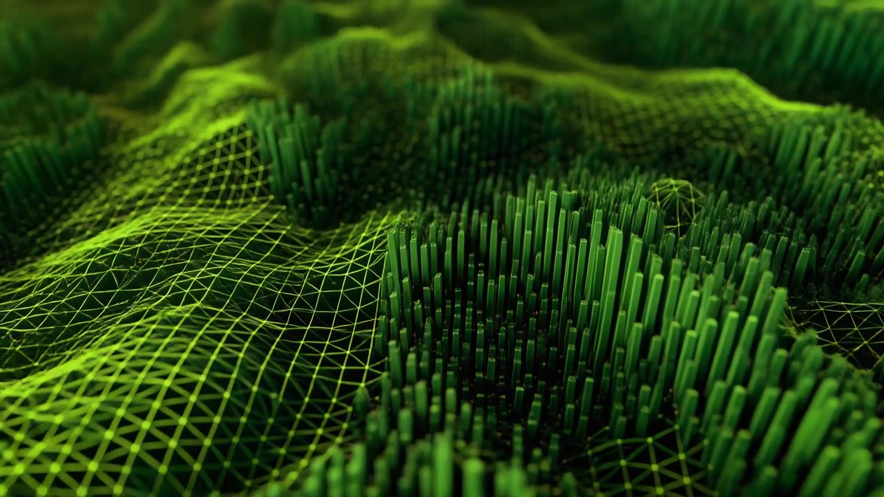 Abstract Digital Landscape with Green Moving Pillars and Wireframe Mesh