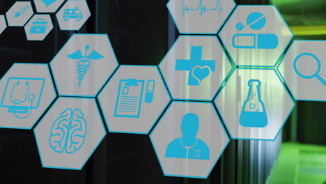 animation of scientific and medical icons with data processing over computer servers