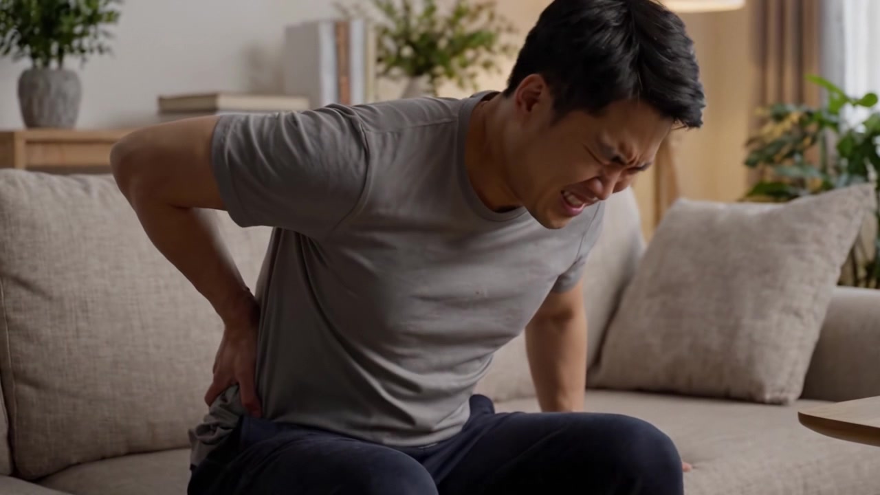 Struggling with Discomfort: A Man's Experience with Pain While Sitting on a Couch, Capturing the Emotional and Physical Toll of Everyday Life.