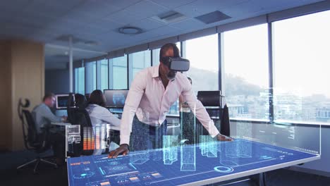 animation of a businessman wearing a vr headset with a 3d plan on a table