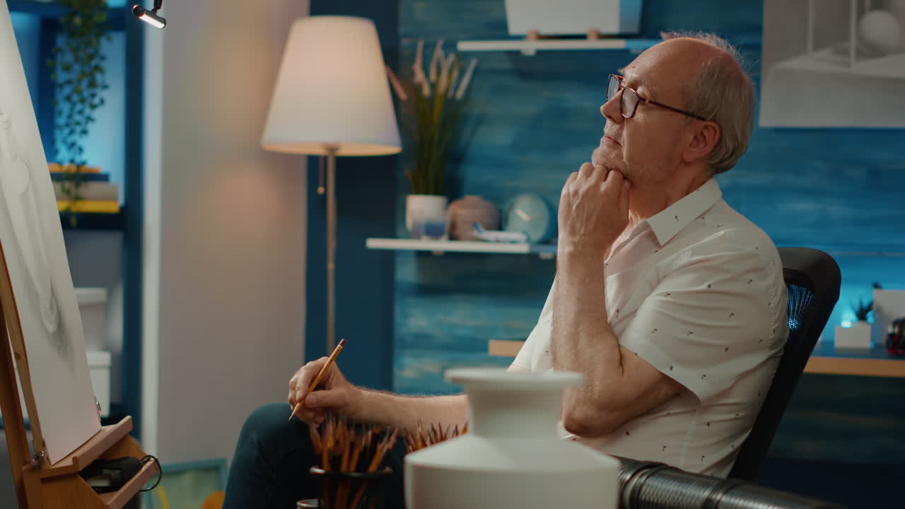 Old artist looking at vase inspiration to create artwork sketch