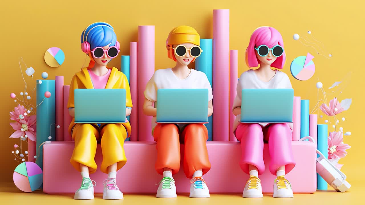 Three Stylized Characters Engaged in Technology, Seated on a Colorful Platform with Laptops, Showcasing a Playful, Creative, and Modern Aesthetic Against a Bright Yellow Background